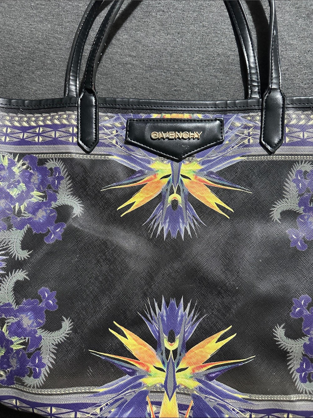 Givenchy Black Tote with Purple and Yellow Floral Mirror Print